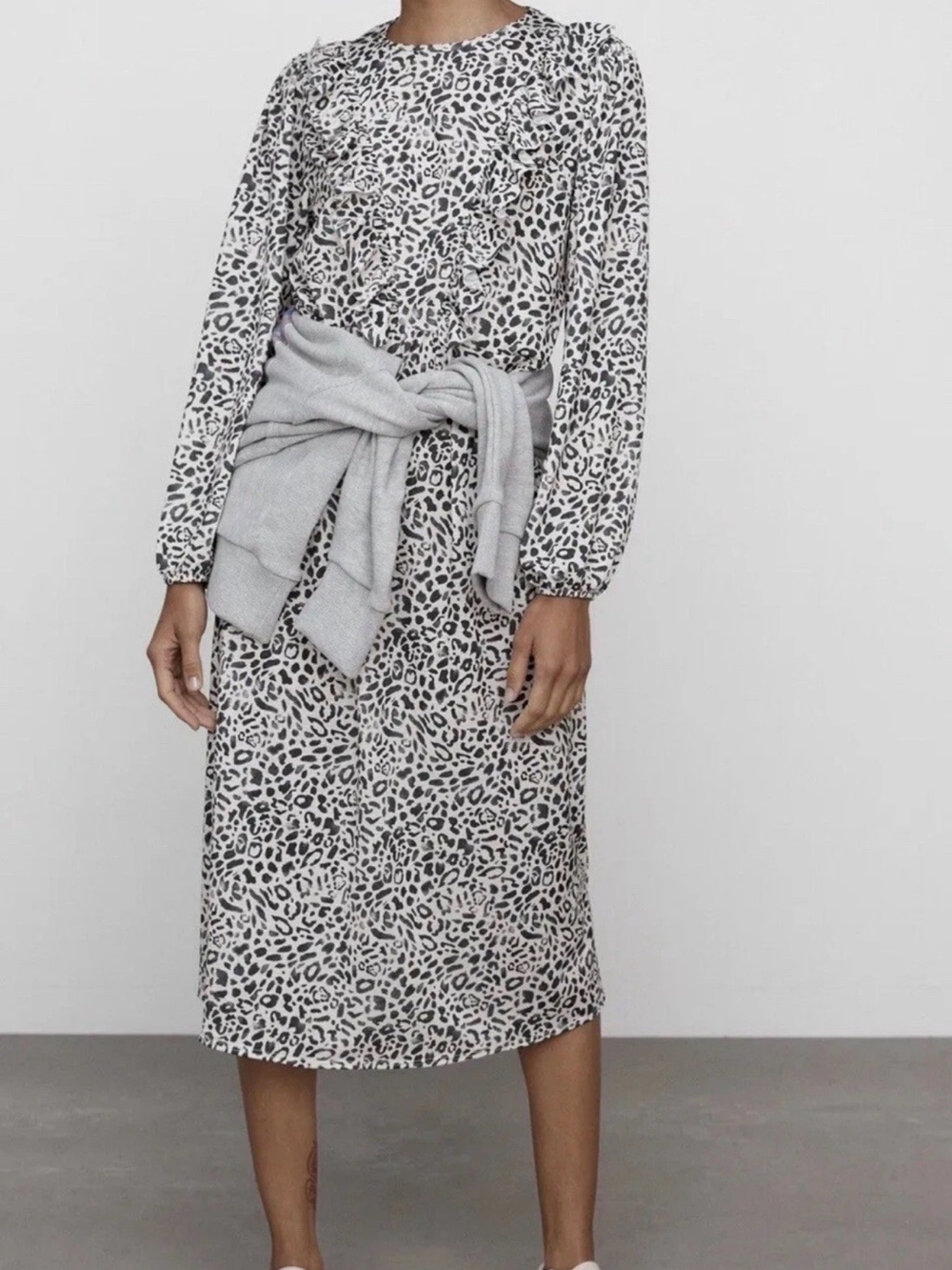 Zara Faded Leopard Print Ruffle Midi Dress Long Sleeve Black & White Size S
